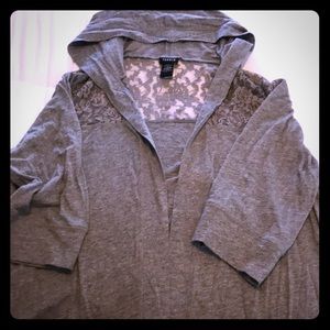 Hooded cardigan lace shoulders & cropped sleeves